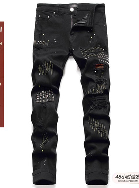 高街潮牌刺绣欧美男士弹力黑色长裤假破洞贴布个性柳钉修身牛仔裤