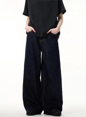 美式街头直筒阔腿裤深蓝色牛仔裤男女复古宽松直筒长裤子