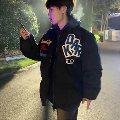 冬季美式街头字母刺绣加厚棉服男