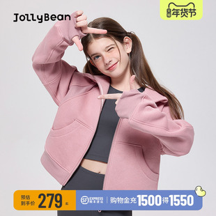 jollybean丨女童加绒连帽宽松卫衣25秋冬款儿童保暖拼接拉链外套