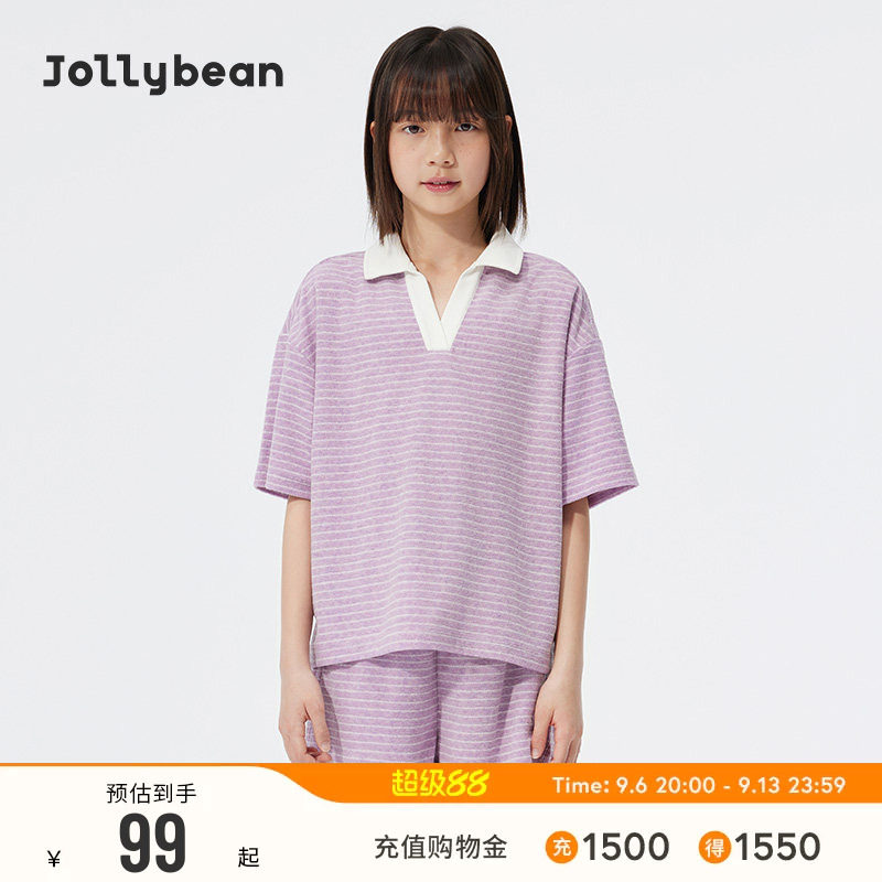jollybean |女童毛巾布套装26春夏秋宽松透气条纹POLO衫短袖上衣图片