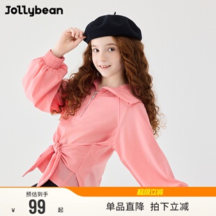 jollybean丨女童春秋款甜酷短款蝴蝶结半拉链夹克新款风衣外套