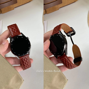 适用华为GT5手表带菱格真皮星光休闲方扣磁吸表带男Watch4pro表链