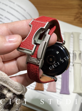 适用华为GT4手表带gt5C磁吸GT5pro荔枝纹小蛮腰41mm真皮表带18mm