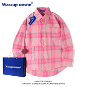 男女秋季 新款 宽松百搭长袖 WASSUP港风刺绣格子衬衫 情侣装 外套衬衣