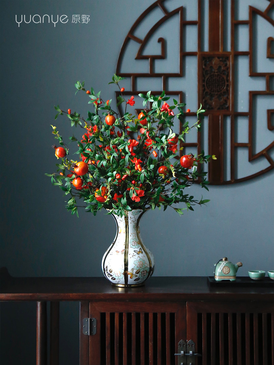 高端仿真花红色石榴发财果假花中式餐桌装饰花客厅花艺套装摆设件