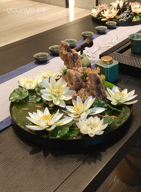 酒店餐桌花摆花高端新中式花仿真花假花莲花圆桌转盘餐厅装饰摆件