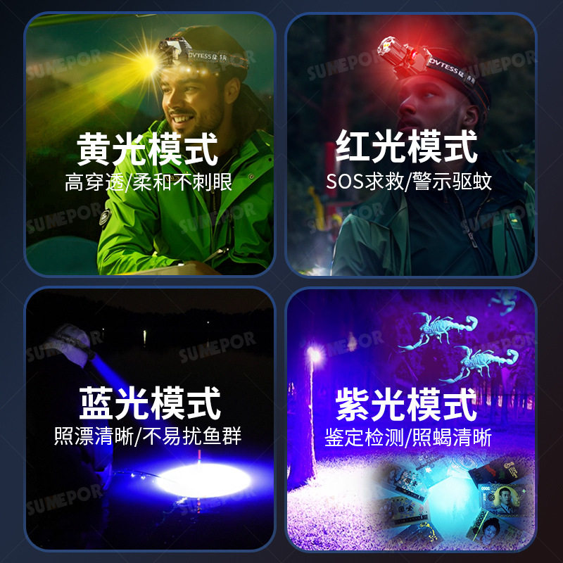 五色LED矿灯超亮充电头戴