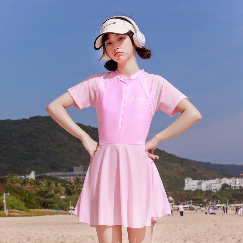 儿童泳衣女孩连体裙式美青少年学生防晒游泳衣女大码温泉泳装