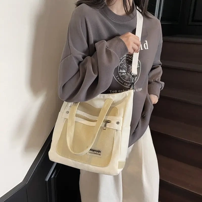 女士斜挎包2025新款时尚撞色单肩包大学上课通勤韩版托特包