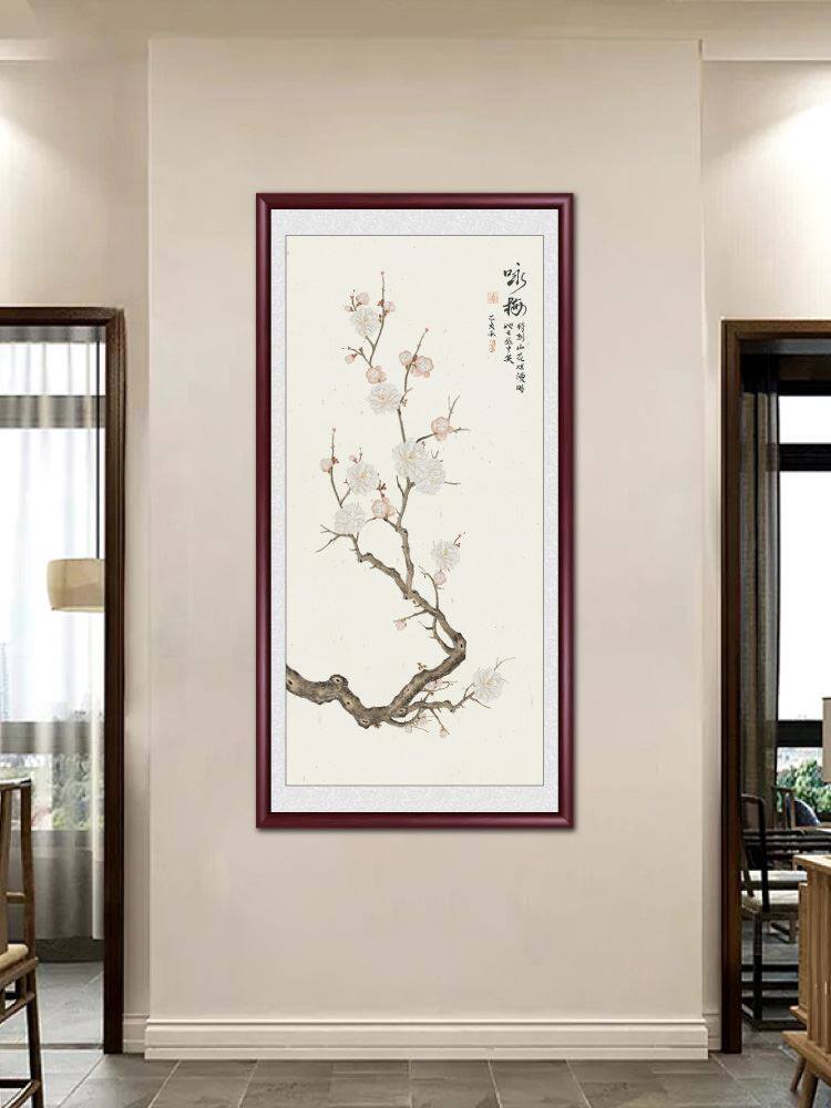 新中式喜上眉梢入户玄关挂画客厅过道走廊装饰画竖版禅意花鸟壁画_虎窝淘