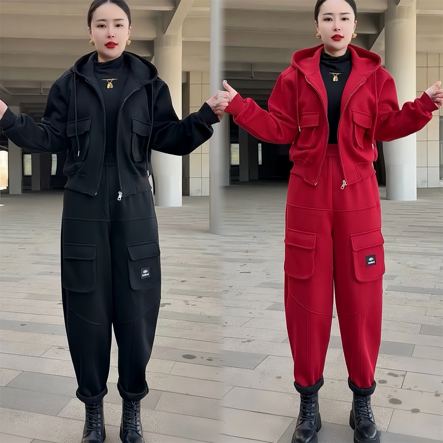 春季新款连帽工装卫衣两件套女小个子显瘦休闲运动洋气减龄套装潮