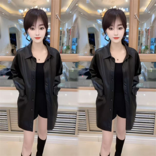 宽松显瘦气质百搭休闲时尚 黑色皮衣外套女中长款 皮夹克 新款 春季