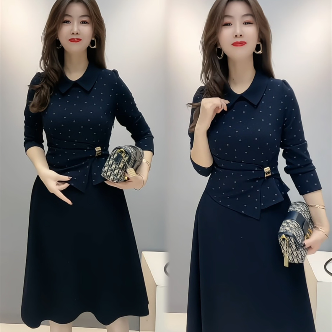 秋冬收腰遮肚娃娃领中年连衣裙