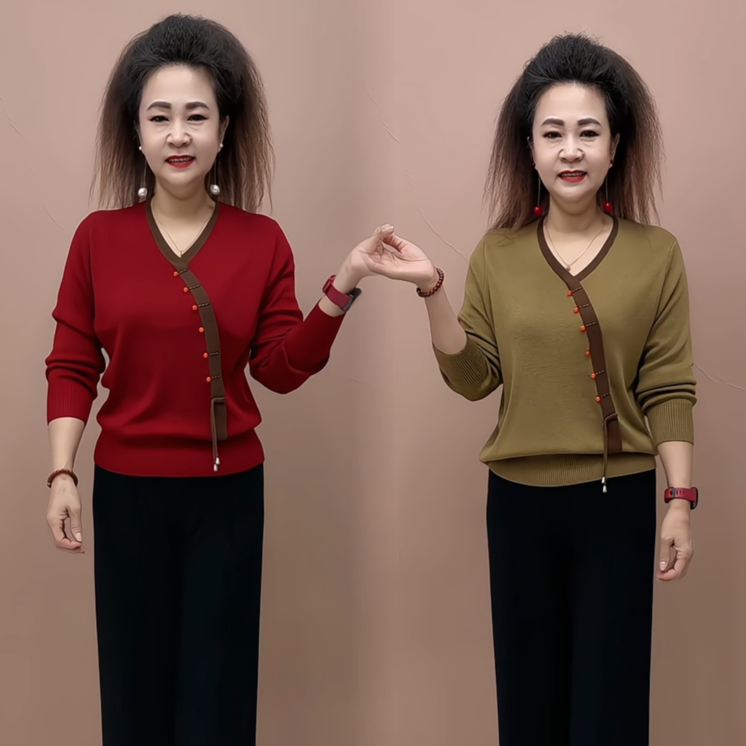秋冬新款年轻妈妈短款长袖上衣气质拼接民族风钉珠针织时尚打底衫