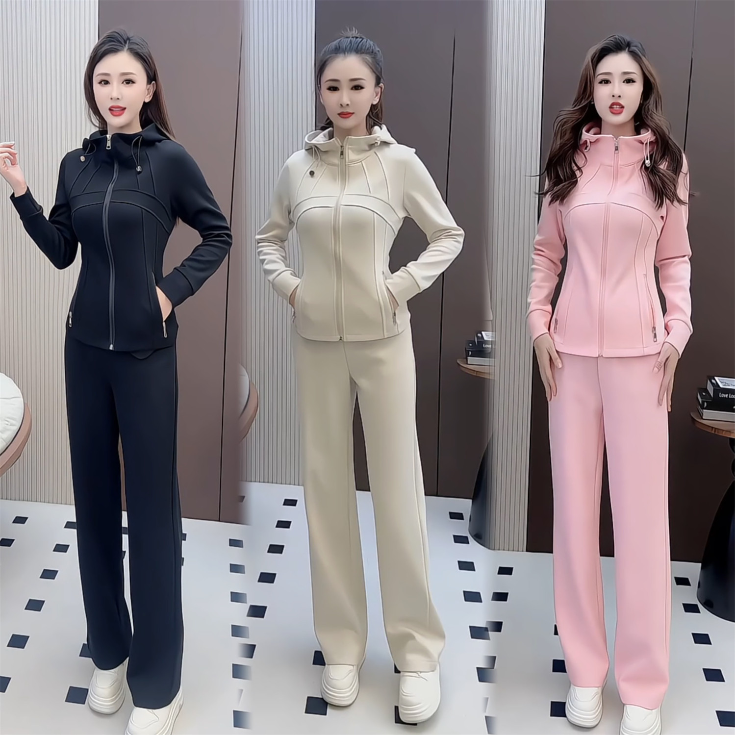 春季新款高级感气质连帽拉链休闲套装女显瘦通勤阔腿裤百搭两件套