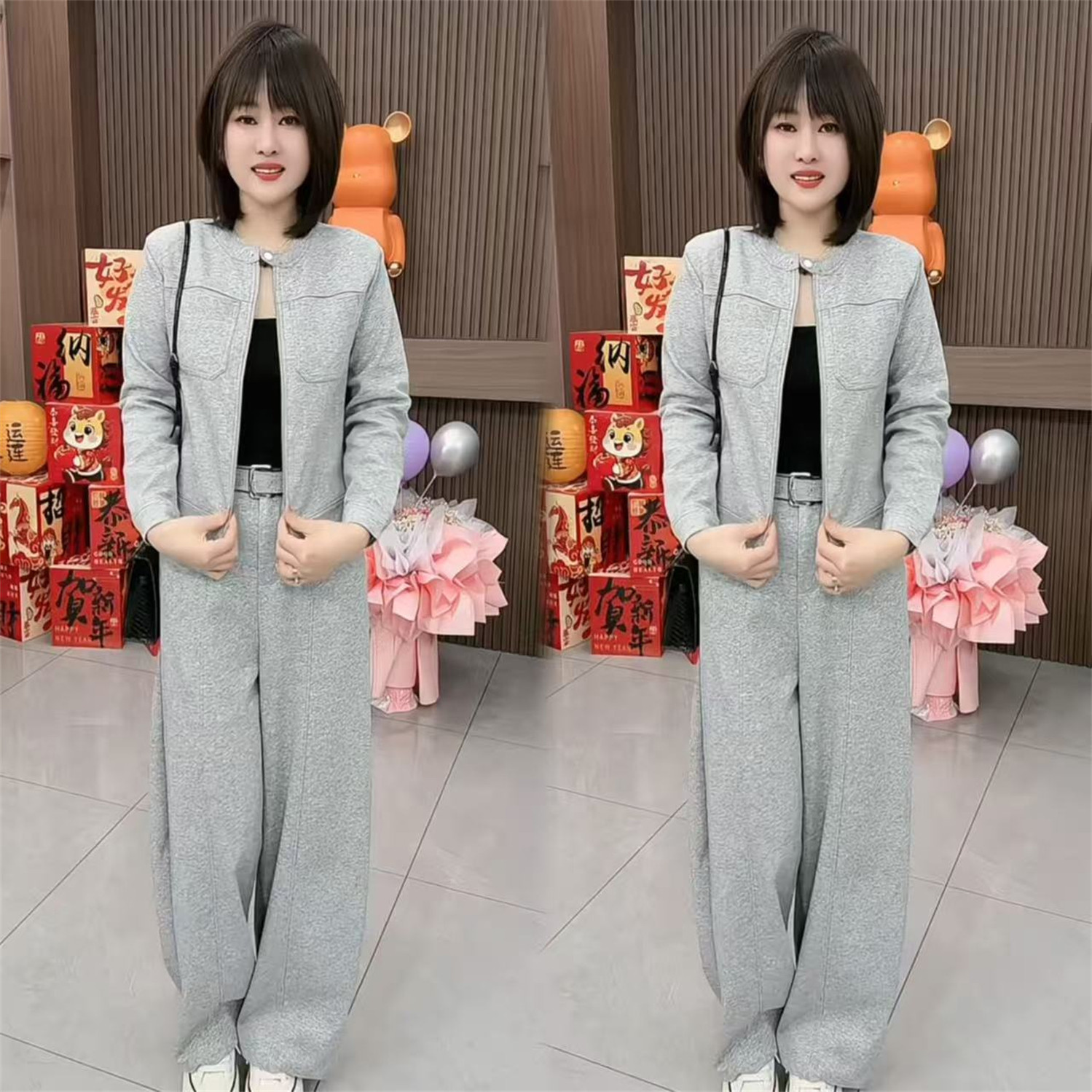 2026春季新款高级感两件套女拉链外套阔腿裤显瘦气质通勤休闲套装