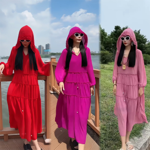 长裙 胖mm宽松遮肉显瘦度假防晒沙滩长袖 春季 女连帽雪纺连衣裙大码