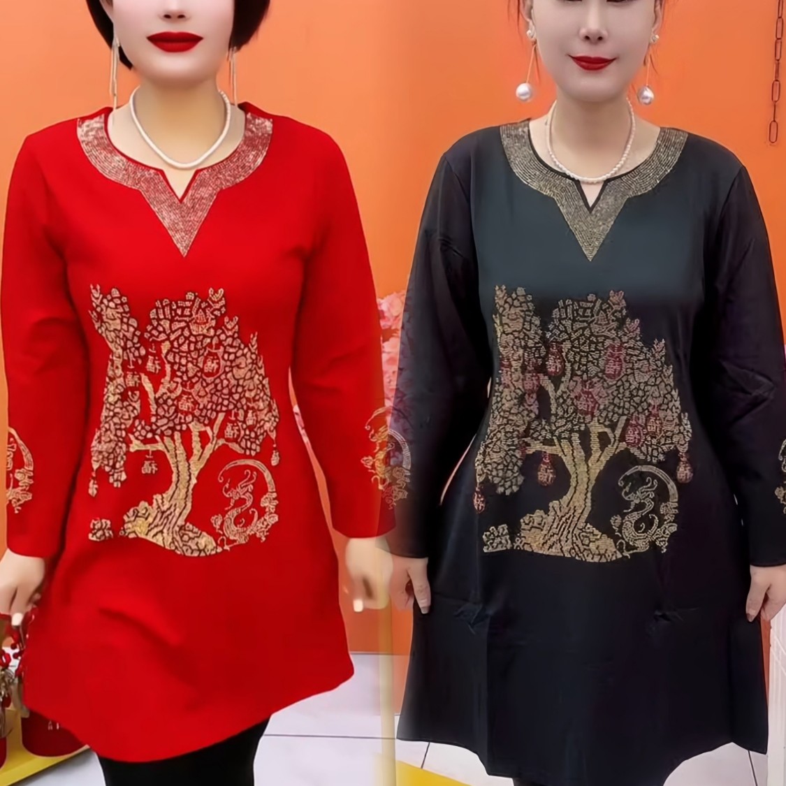 新年款重工烫钻V领长袖休闲舒适打底裙2026春季新款大红色连衣裙