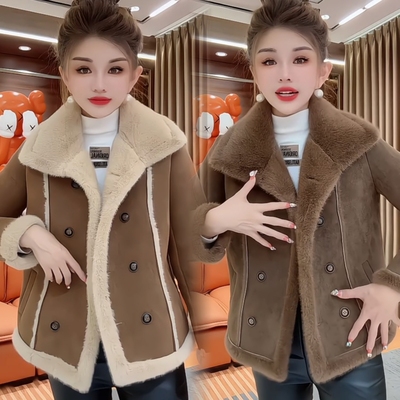 欧韩皮毛一体羊羔毛外套女冬季新潮翻领双排扣加绒设计感保暖上衣