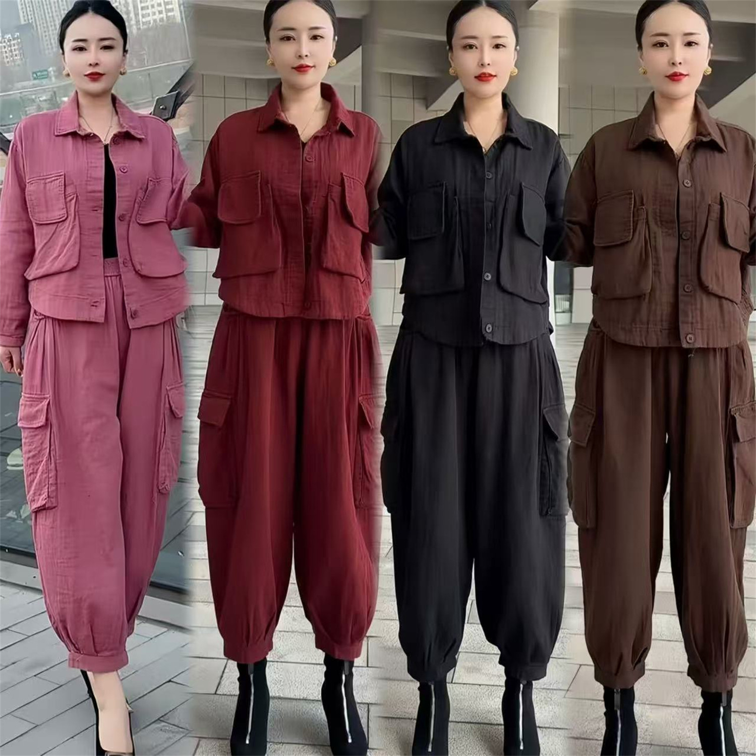 高端妈妈春装棉麻工装风宽松显瘦衬衫外套束脚裤休闲两件套女装潮