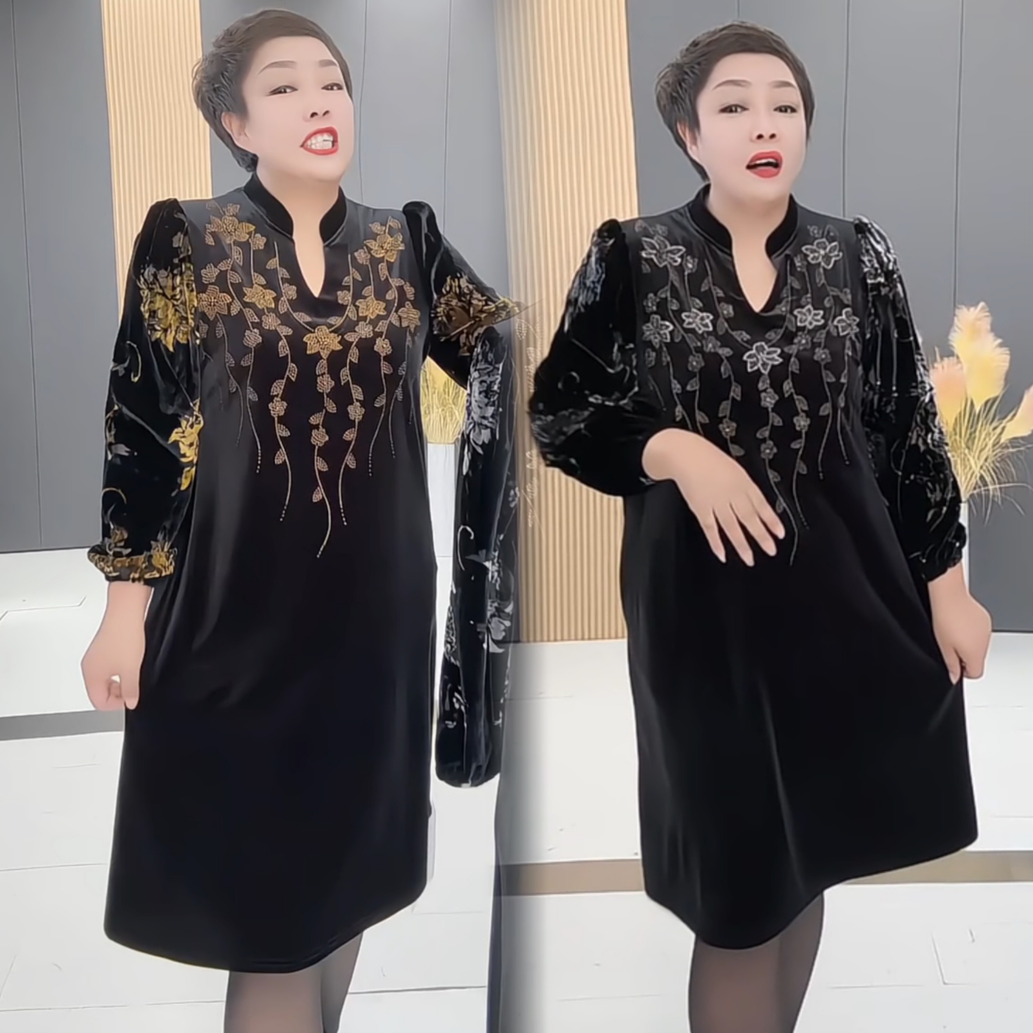 高端妈妈春秋烫钻洋气连衣裙