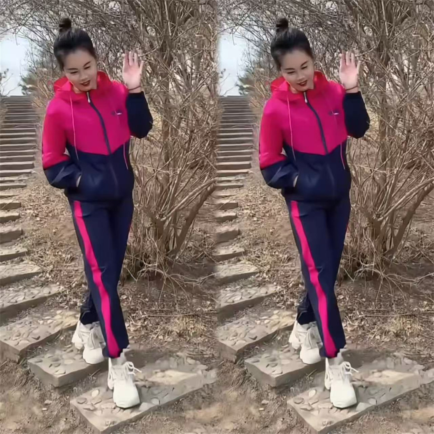 春季新款连帽拼色运动套装女宽松显瘦休闲大码两件套妈妈装女装