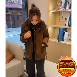 皮毛一体羊羔毛短外套2025秋冬装小个子加绒保暖鹿皮绒棉服上衣女