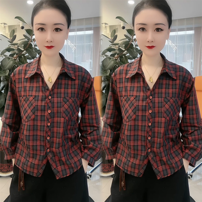 春季红蓝格子短款收腰显瘦衬衫女