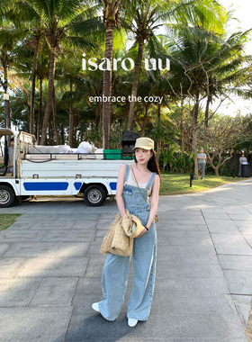 isaro uu Du家水洗蓝 牛仔宽松直筒背带裤