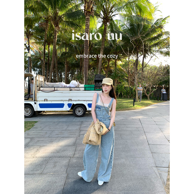 isaro uu Du家水洗蓝 牛仔宽松直筒背带裤