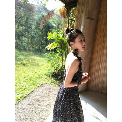 isaro uu 复古波点100苎麻连衣裙~自由绑带挂脖露背度假裙