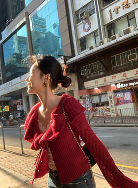 isaro uu 复古镂空钩花100羊毛开衫~系带大荷叶领灯笼袖修身毛衣