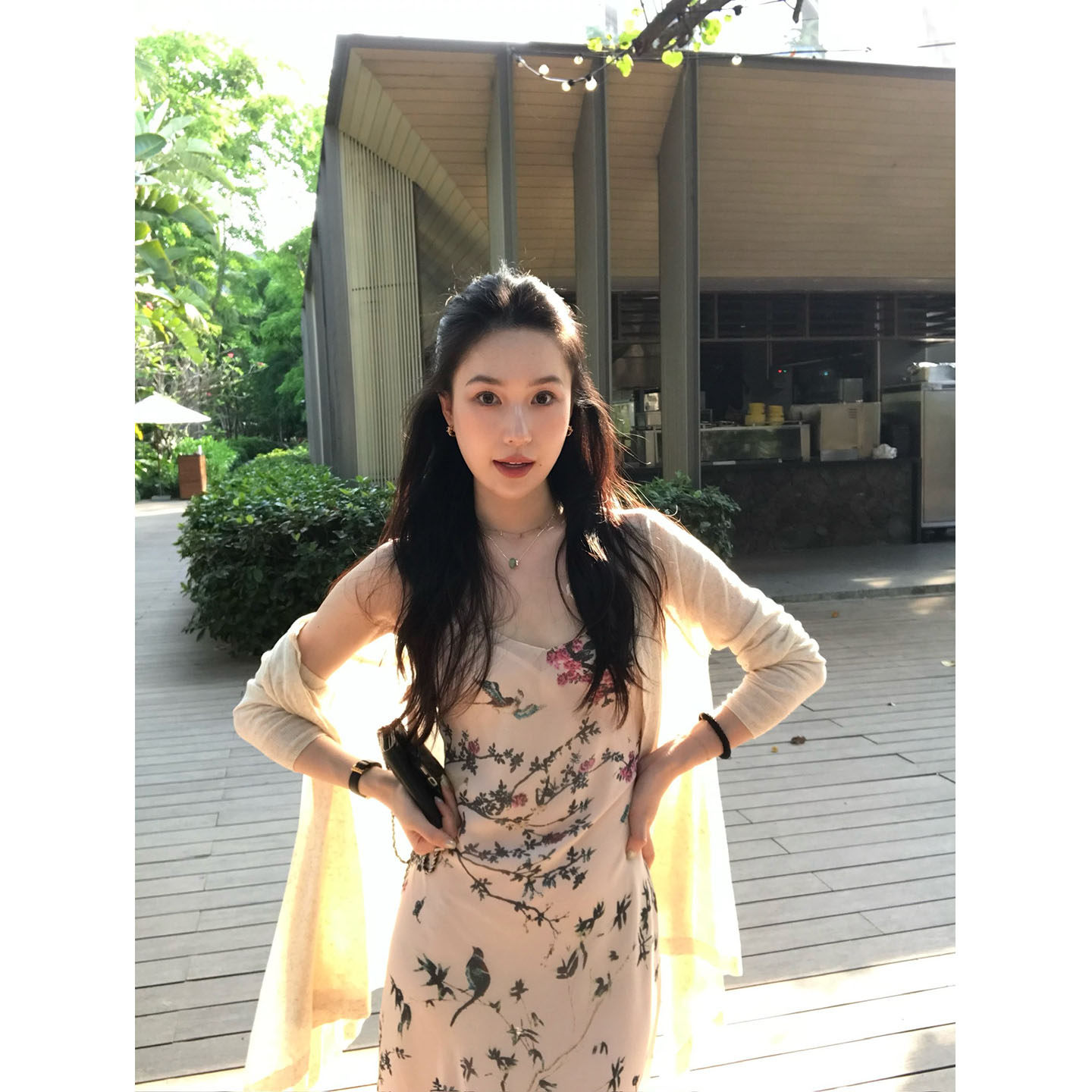 isaro uu 定染水墨折枝藤花吊带裙~一片式斜裁显瘦连衣裙+内衬裙