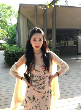 isaro uu 定染水墨折枝藤花吊带裙~一片式斜裁显瘦连衣裙+内衬裙