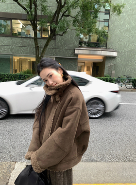 isaro uu 温暖包裹立领橄榄色100羊羔毛夹克冬日保暖外套