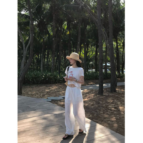isaro uu 氧气感100亚麻裤~慵懒夏日松紧腰抽绳宽松直筒休闲裤