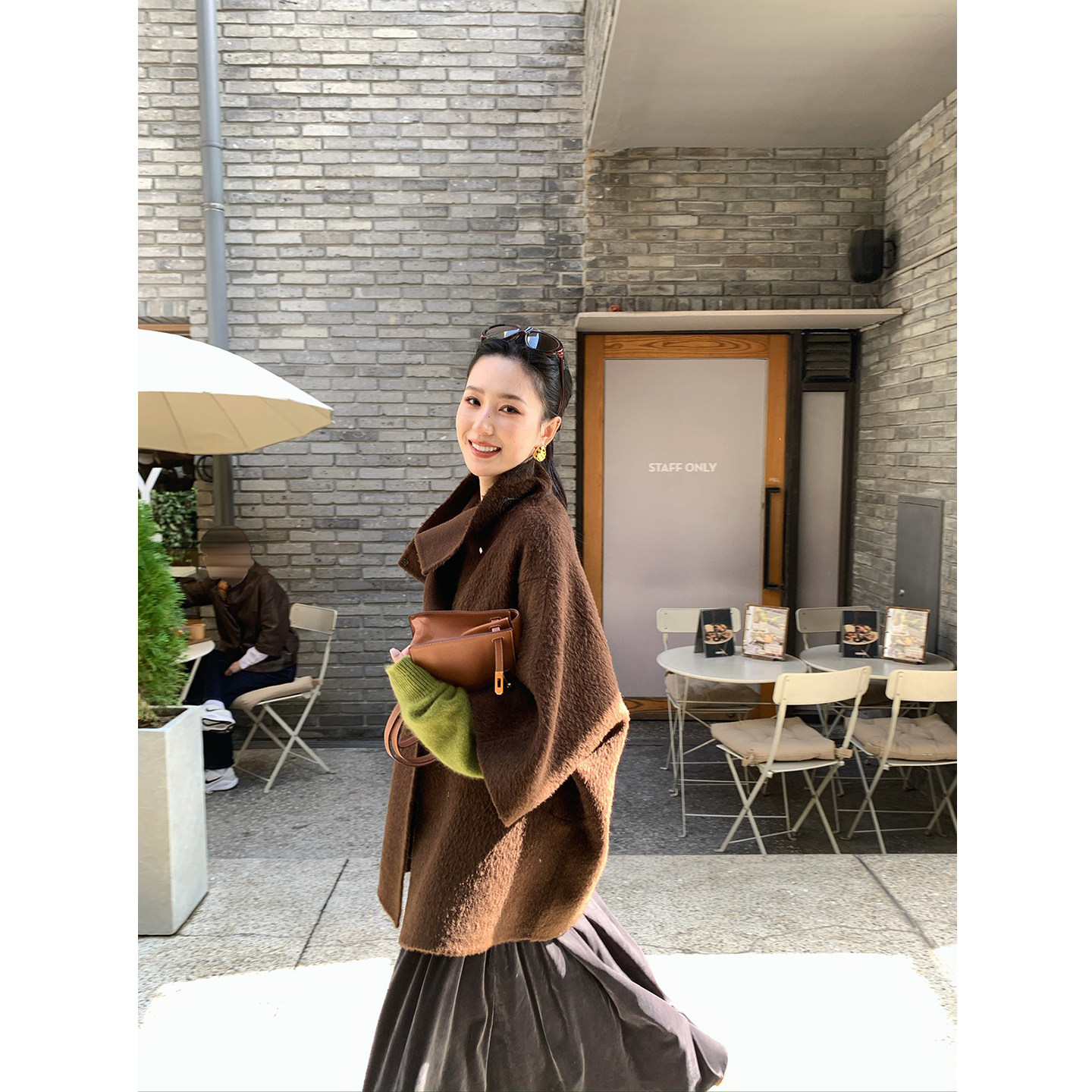 isaro uu 复古可可棕七分袖立领苏力大衣~羊驼毛廓形毛呢外套