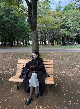 isaro uu 定染乌木棕~冬日序曲立领一粒扣牦牛绒羊毛大衣外套中长