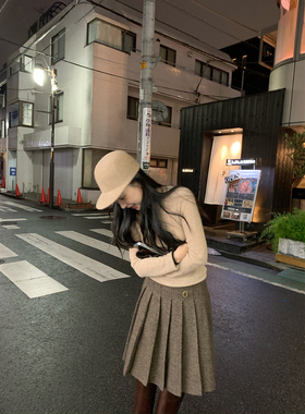 isaro uu 冬季私服系列复古混色咖百褶半裙~质感羊毛混纺花呢裙