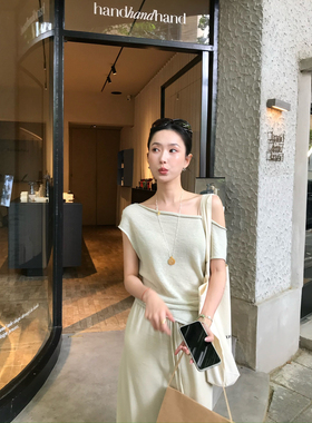 isaro uu 夏日呼吸感100亚麻凉感针织~荡领多穿斜裁盖肩袖薄针织