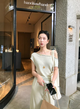 isaro uu 夏日呼吸感100亚麻凉感针织~荡领多穿斜裁盖肩袖薄针织