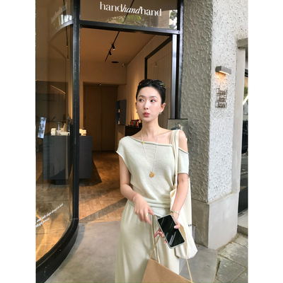 isaro uu 夏日呼吸感100亚麻凉感针织~荡领多穿斜裁盖肩袖薄针织