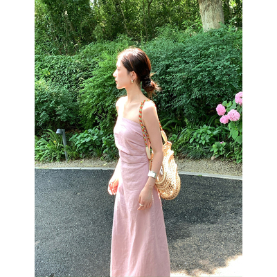 isaro uu 100亚麻显瘦抹胸裙~可拆卸肩带松紧打揽气质连衣裙