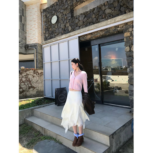 isaro uu 重工100莱赛尔垂感不规则裙~灵动裁片拼接蕾丝白半裙