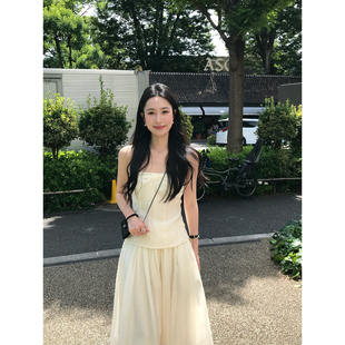 isaro uu 夏日微光~气质珠光感天丝亚麻蝴蝶结抹胸+半裙
