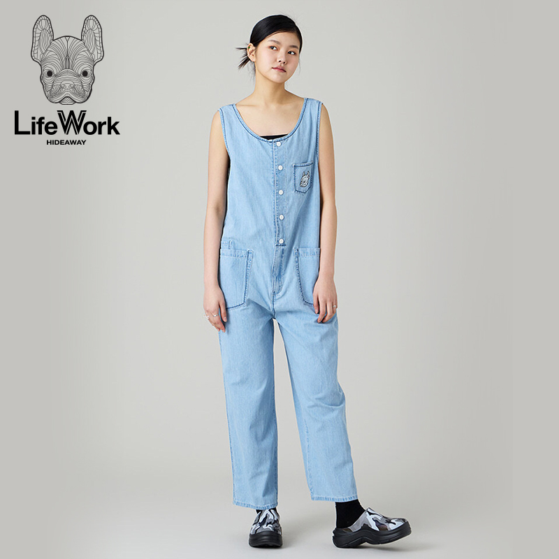 lifework显瘦纯色背带裤春夏季女百搭宽松复古直筒阔腿牛仔裤子