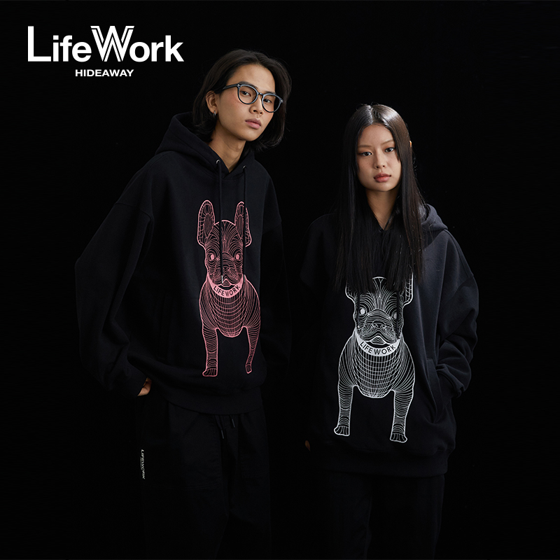 【田嘉瑞同款】lifework春秋季连帽卫衣法斗犬宽松休闲潮牌