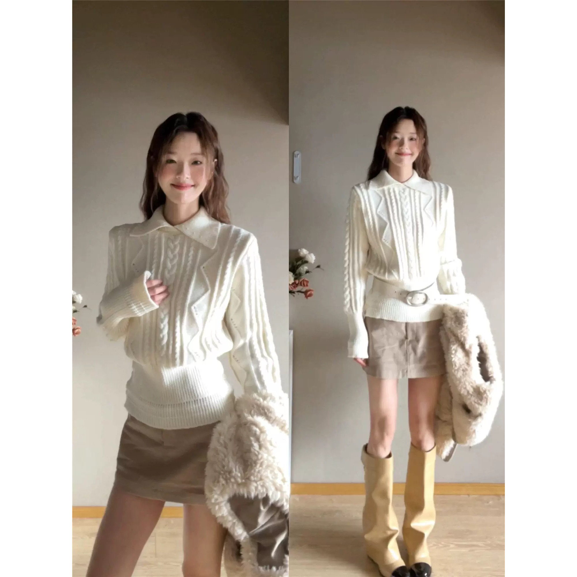 韩系翻领重工麻花毛衣女冬季设计感白色修身收腰针织打底内搭上衣,女装/女士精品,毛衣,淘宝优惠券,粉丝福利购,淘宝优惠卷