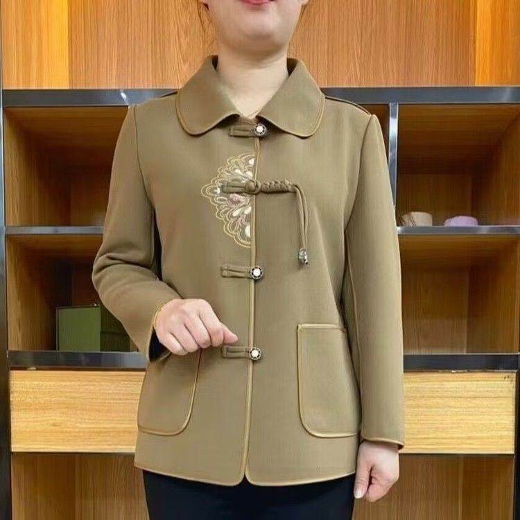 中年妈妈新款刺绣外套上衣盘扣国风夹克时尚风衣洋气中老年女装